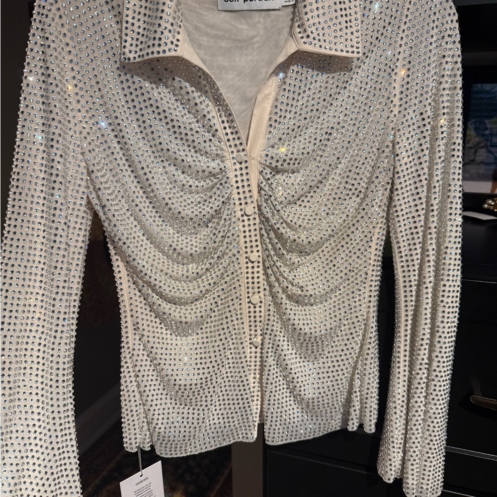 Self-Portrait Crystal Embellished White Button Down Shirt